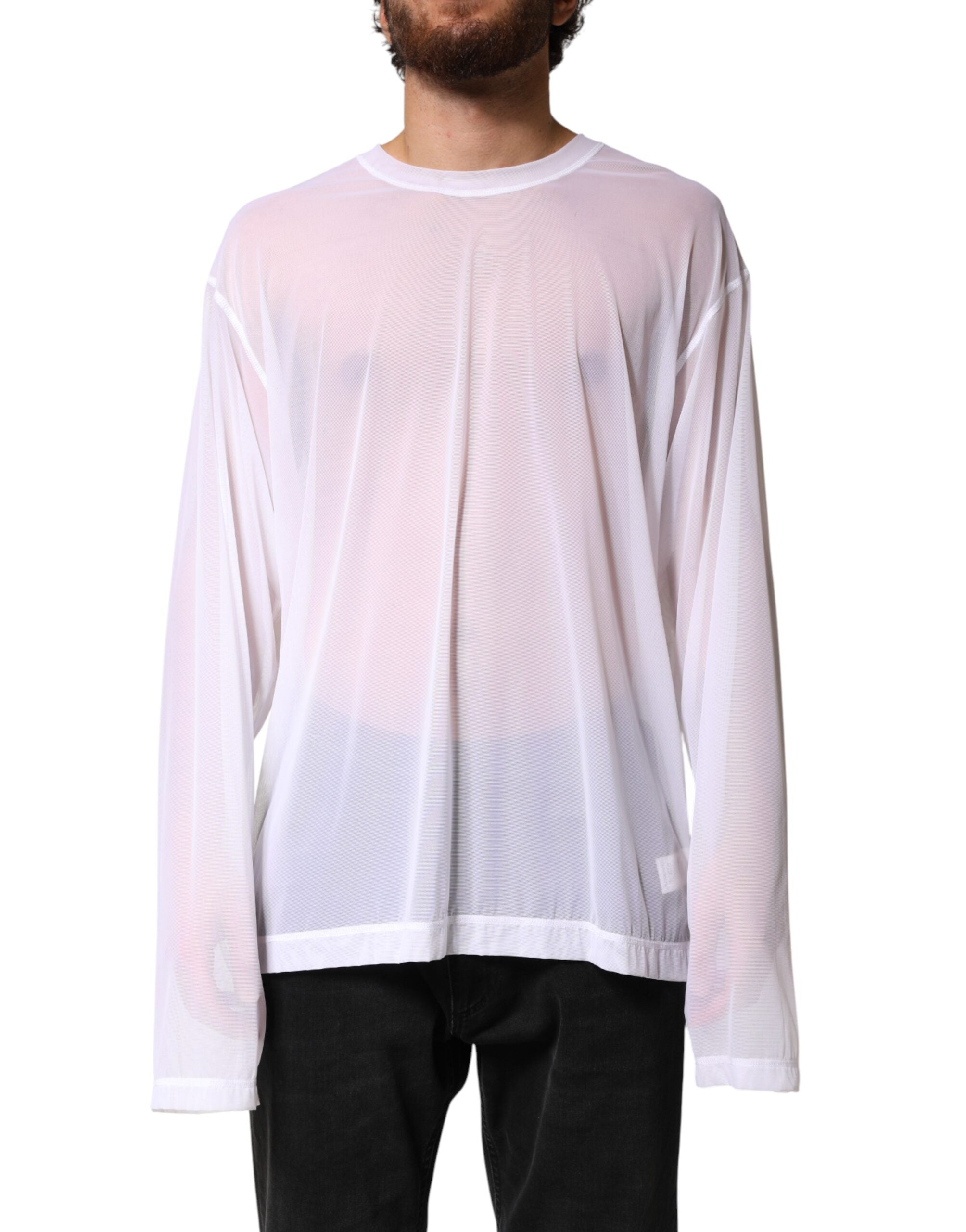 T-shirt à manches longues en nylon blanc de Dolce & Gabbana, col rond, design simple et élégant.