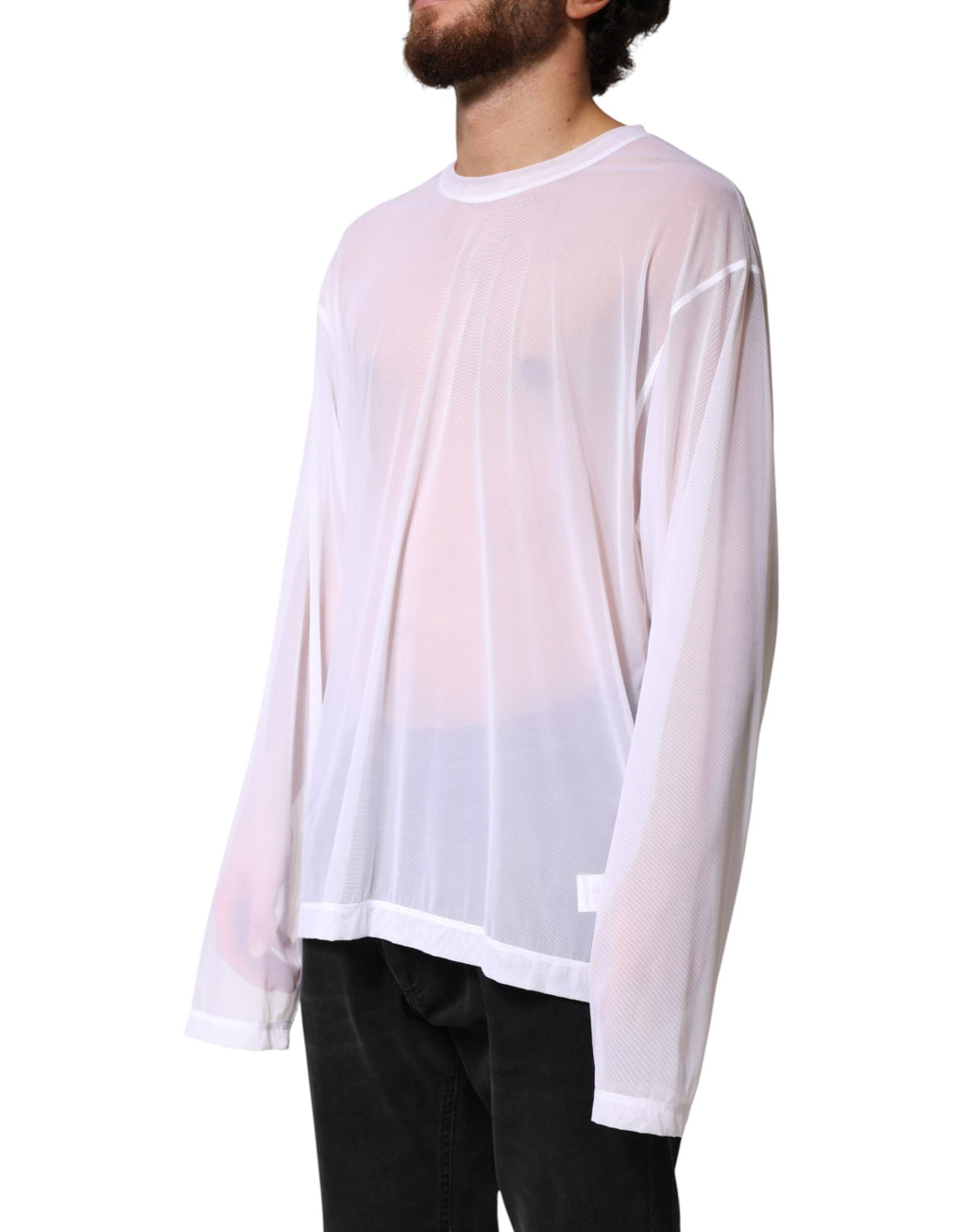 T-shirt blanc en nylon à manches longues avec col rond de Dolce & Gabbana, vue de face.