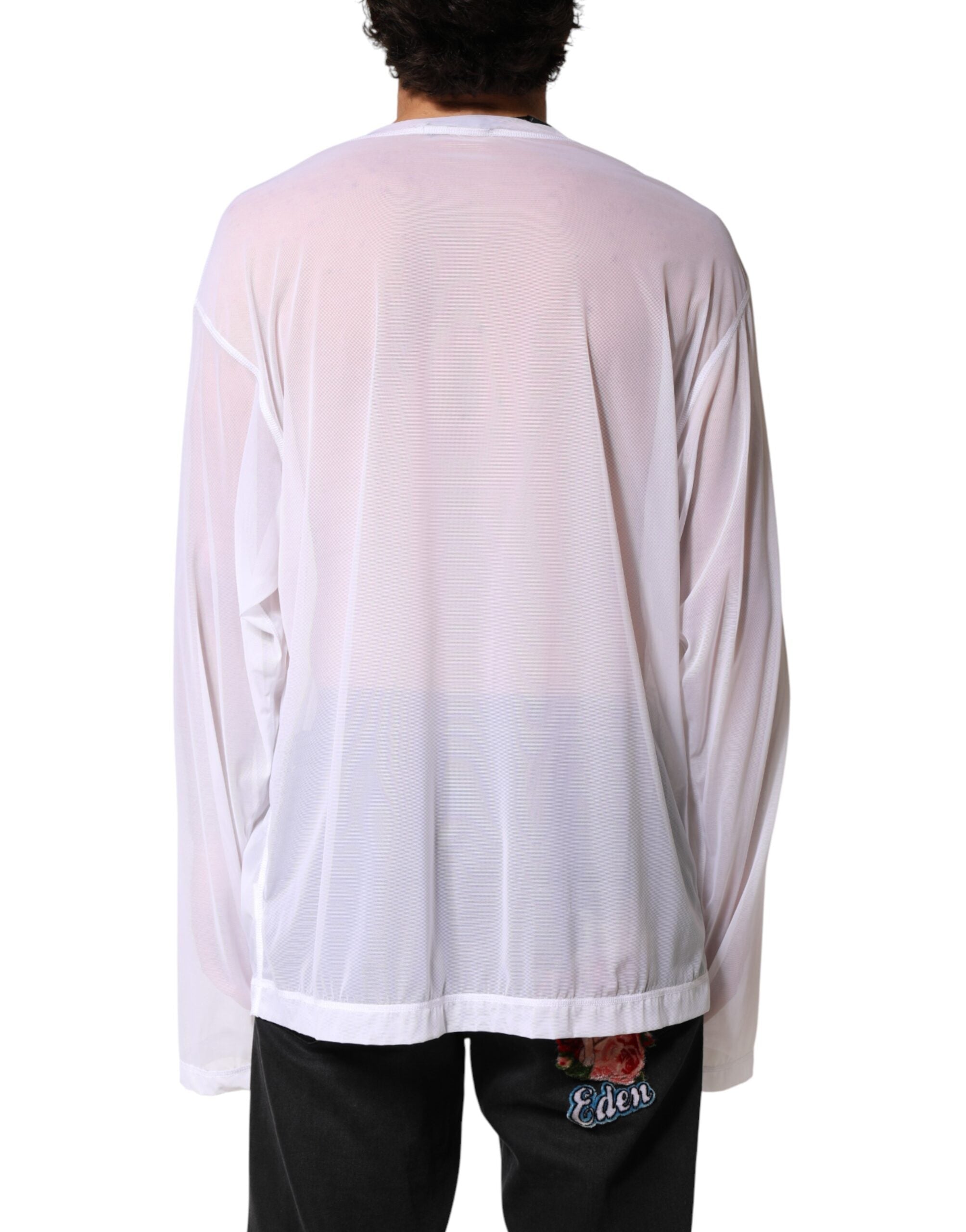 T-shirt à manches longues en nylon blanc de Dolce & Gabbana avec col rond, vue de face.