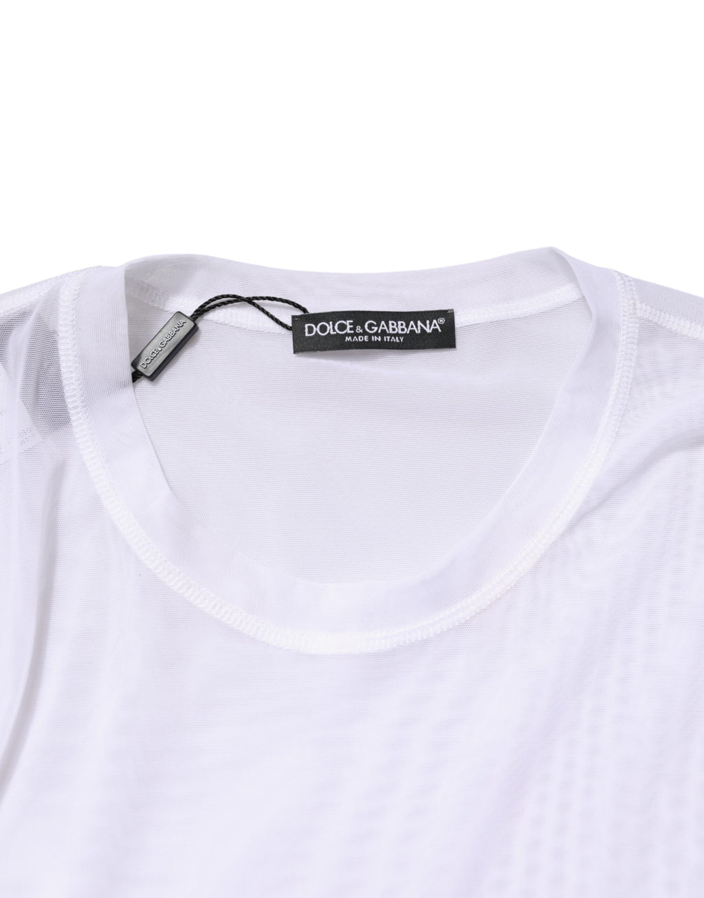 T-shirt blanc en nylon à manches longues avec col rond de Dolce & Gabbana, vue de face, style élégant et décontracté.