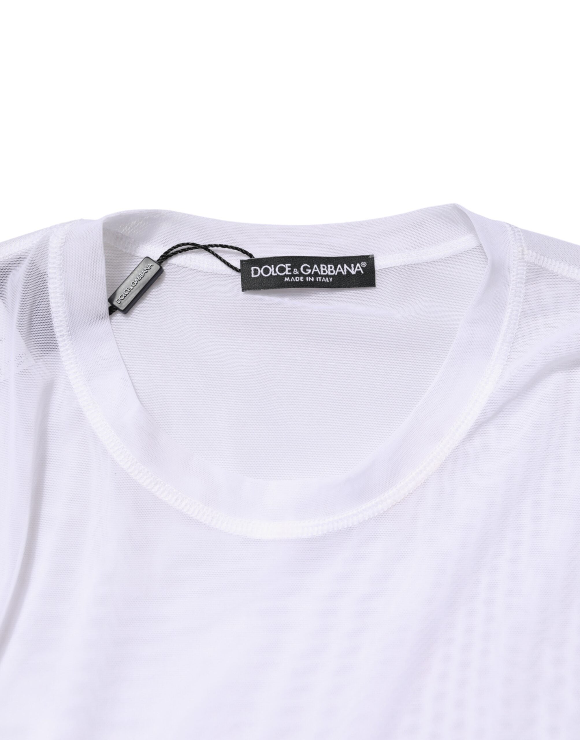 T-shirt blanc en nylon à manches longues avec col rond de Dolce & Gabbana, vue de face, style élégant et décontracté.