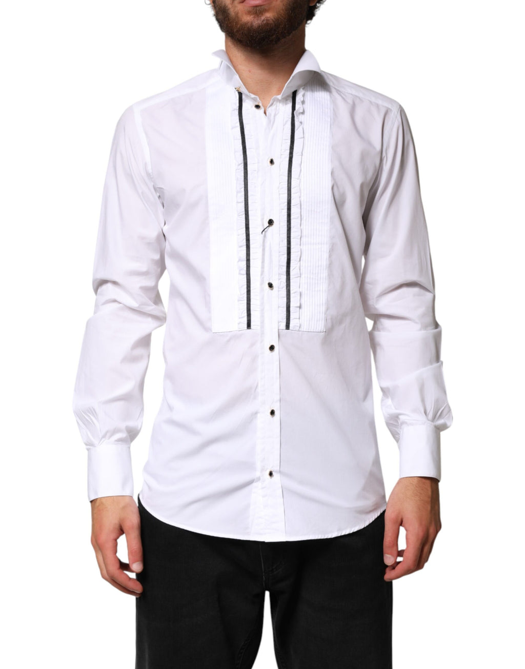Chemise formelle Dolce & Gabbana blanche à manches longues avec détails en or, vue de face sur un fond neutre.