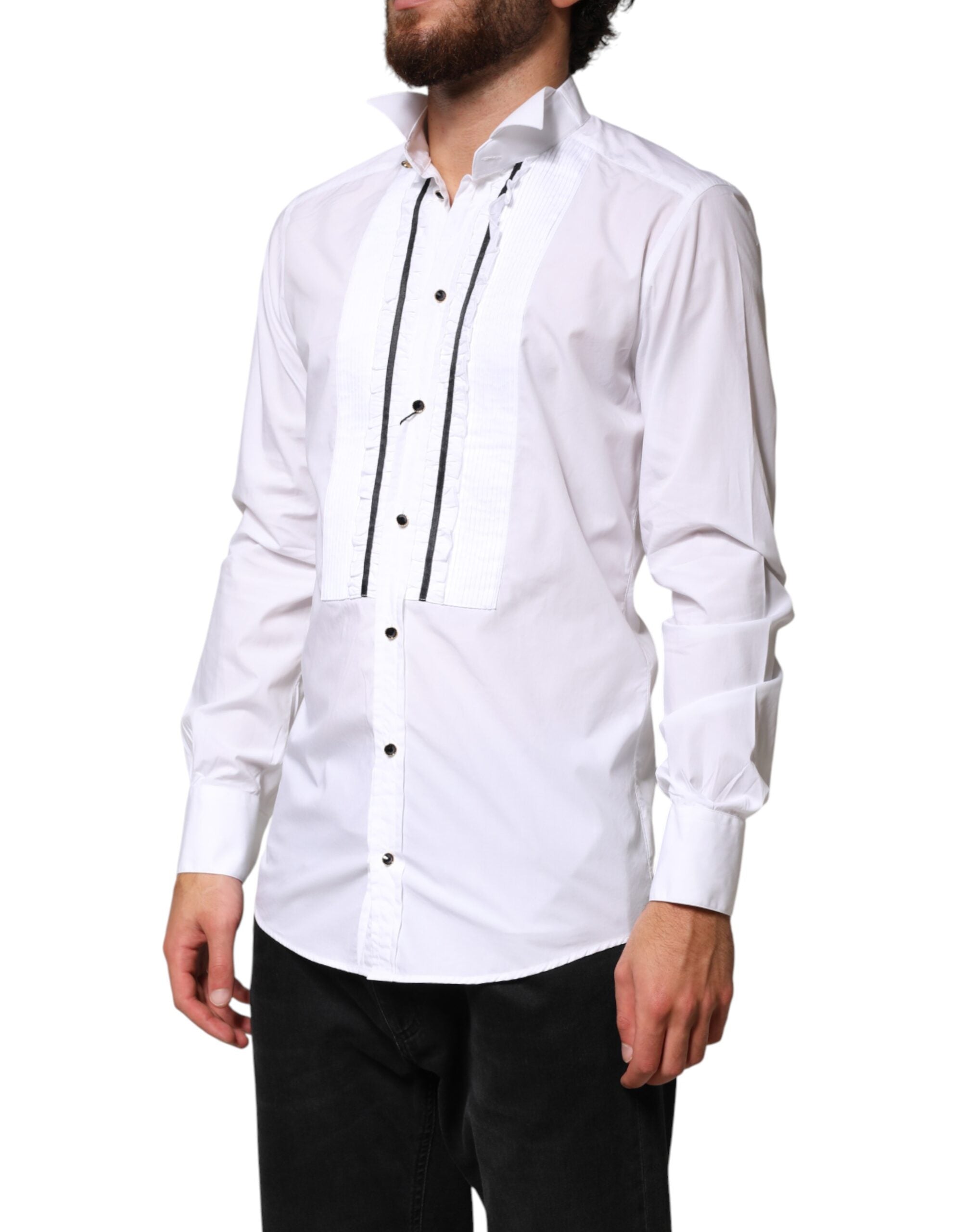Chemise formelle Dolce & Gabbana blanche avec manches longues et détails dorés, vue de face.