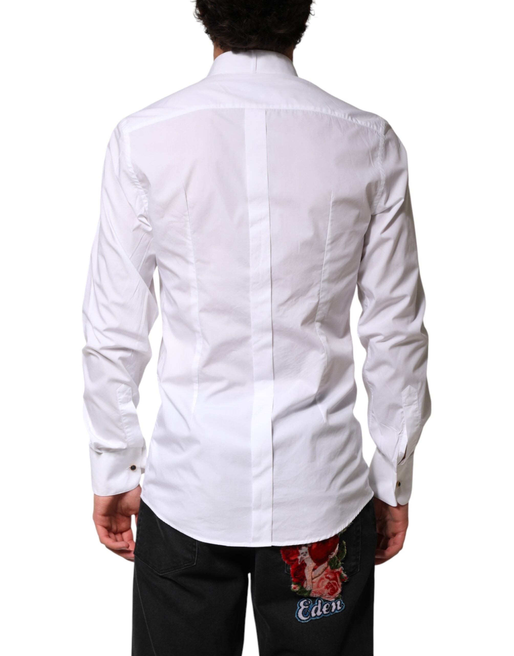 Chemise formelle blanche à manches longues Dolce & Gabbana avec détails dorés.