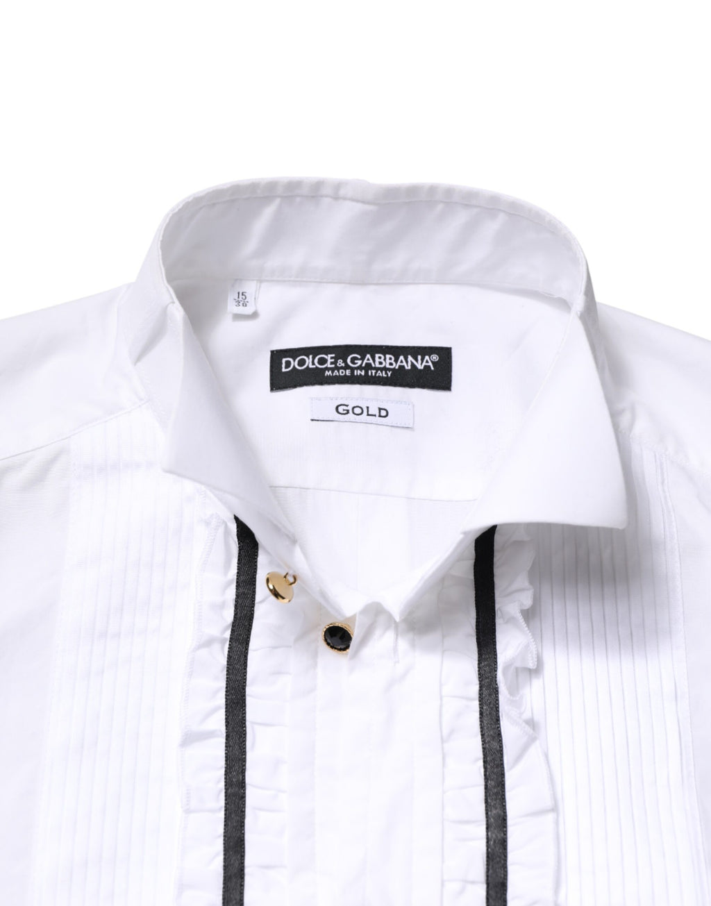 Chemise formelle blanche à manches longues Dolce & Gabbana avec détails dorés, élégante et sophistiquée.