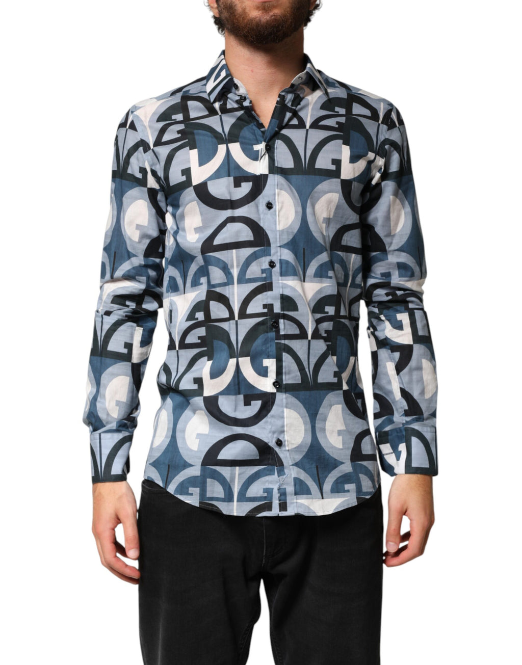 Chemise décontractée à manches longues Dolce & Gabbana Blue MARTINI avec logo, design élégant et style casual.