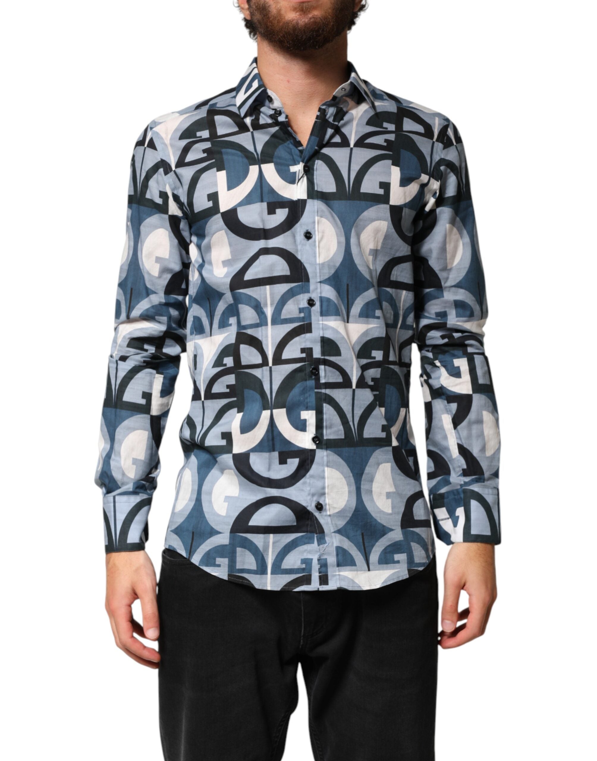 Chemise décontractée à manches longues Dolce & Gabbana Blue MARTINI avec logo, design élégant et style casual.