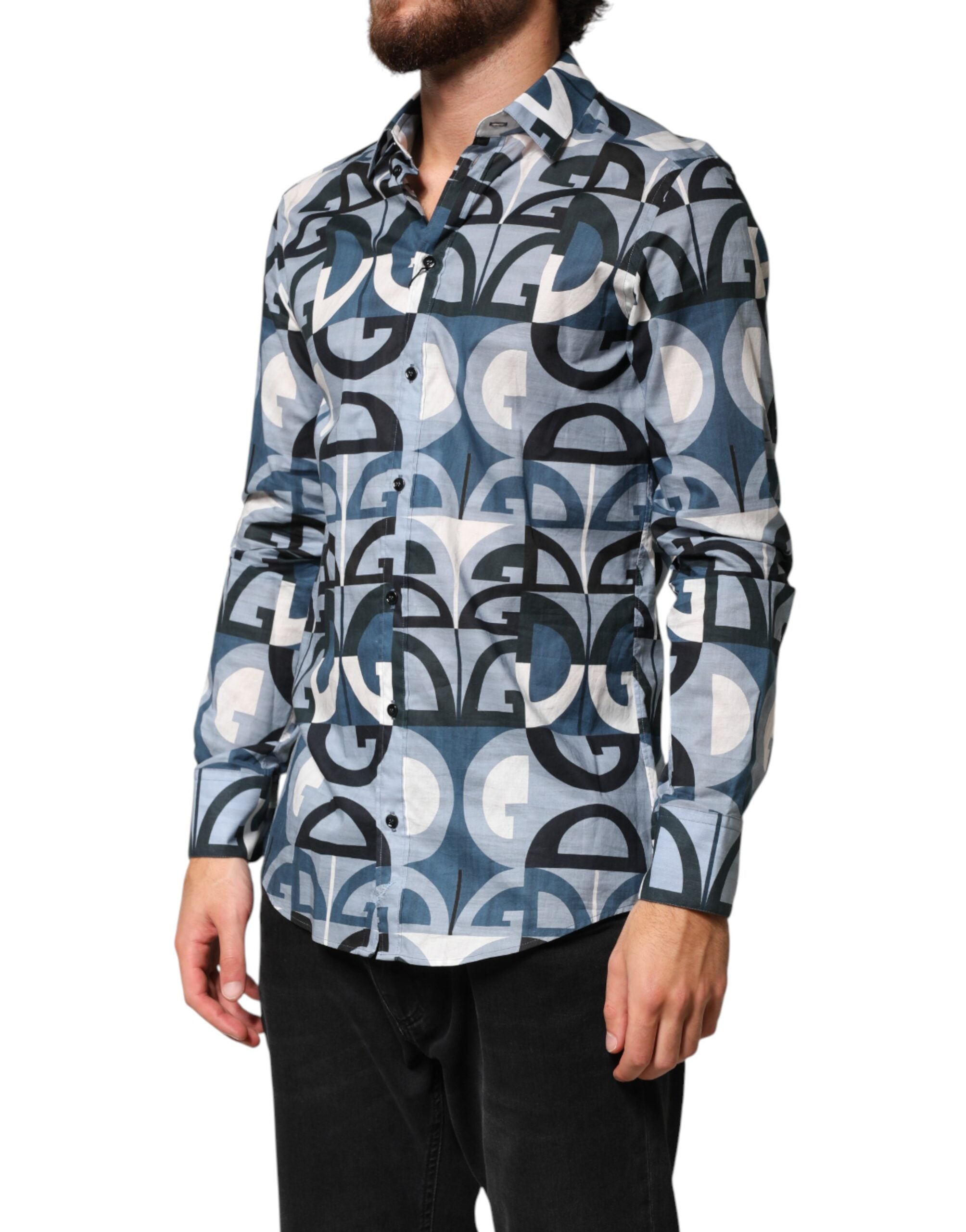 Chemise décontractée à manches longues Dolce & Gabbana Blue MARTINI avec logo, style casual et design élégant.