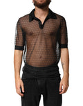 Polo décontracté noir Dolce & Gabbana à manches courtes en tissu transparent, style élégant et moderne.