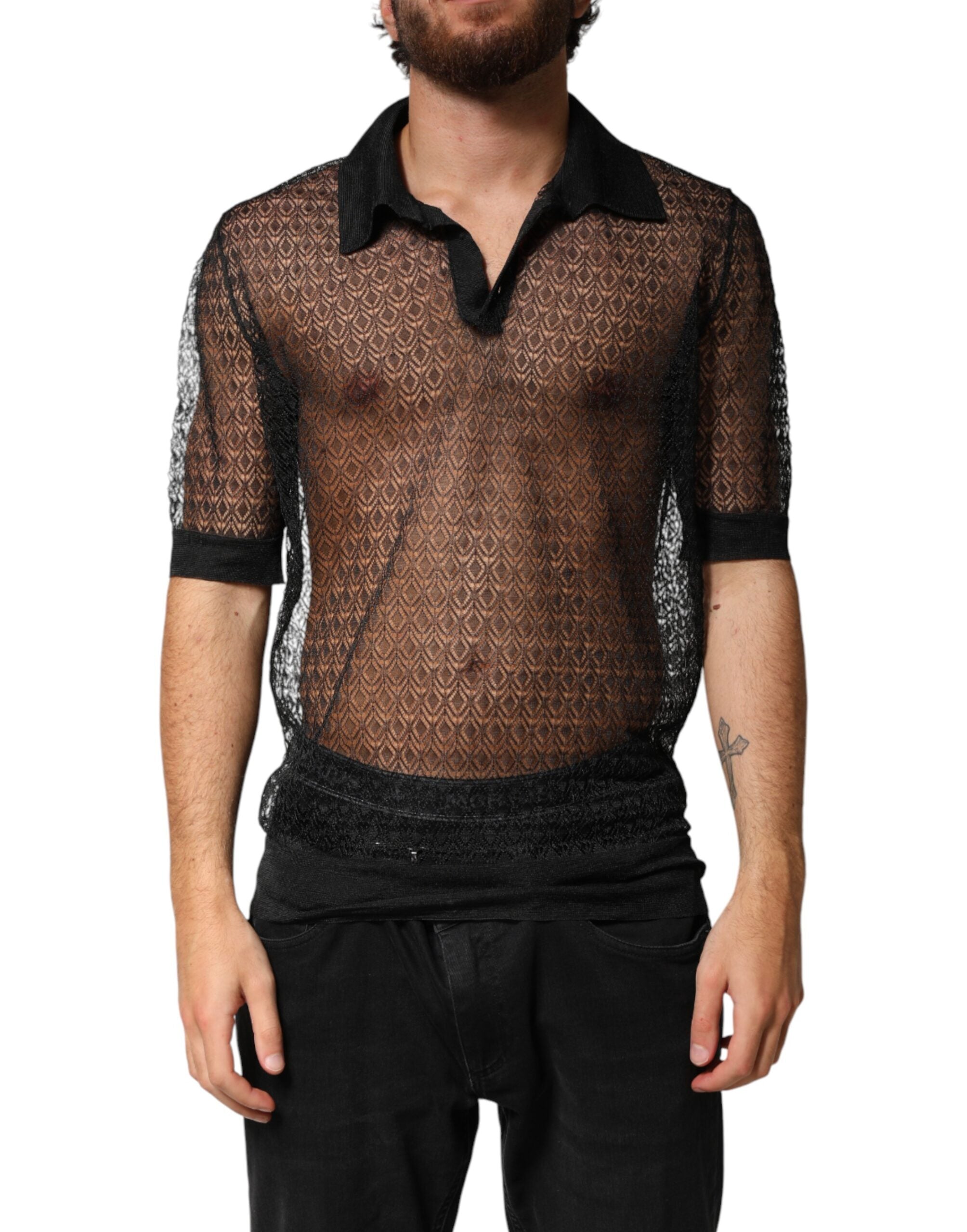Polo décontracté noir Dolce & Gabbana à manches courtes en tissu transparent, style élégant et moderne.