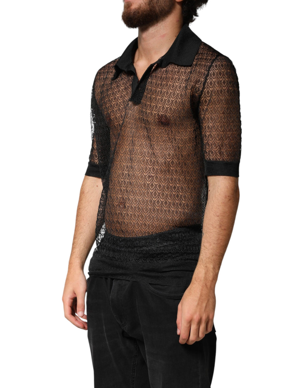 Polo décontracté noir Dolce & Gabbana à manches courtes en tissu transparent, style casual et élégant.