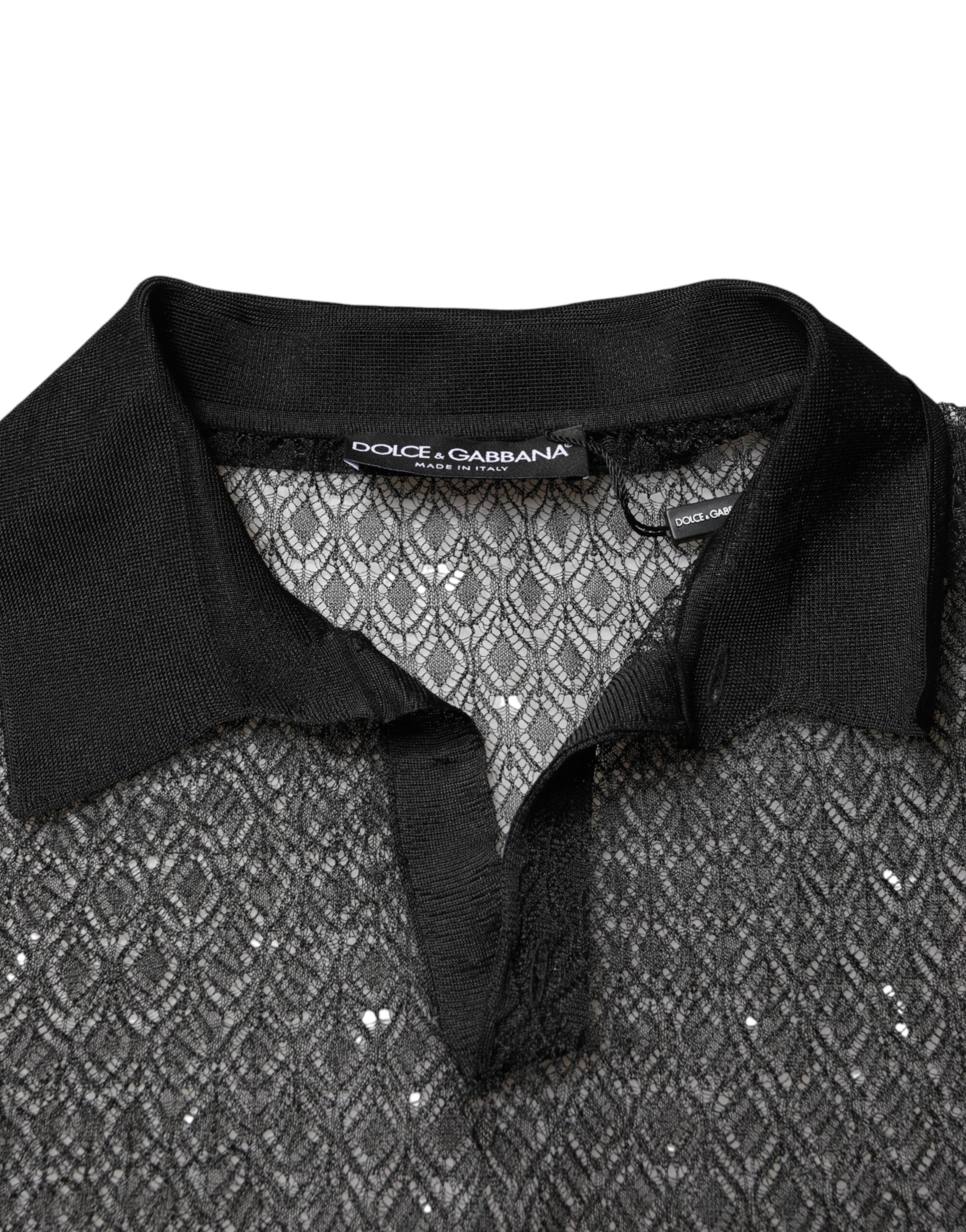Polo décontracté noir à manches courtes de Dolce & Gabbana, tissu léger et transparent, style élégant et moderne.