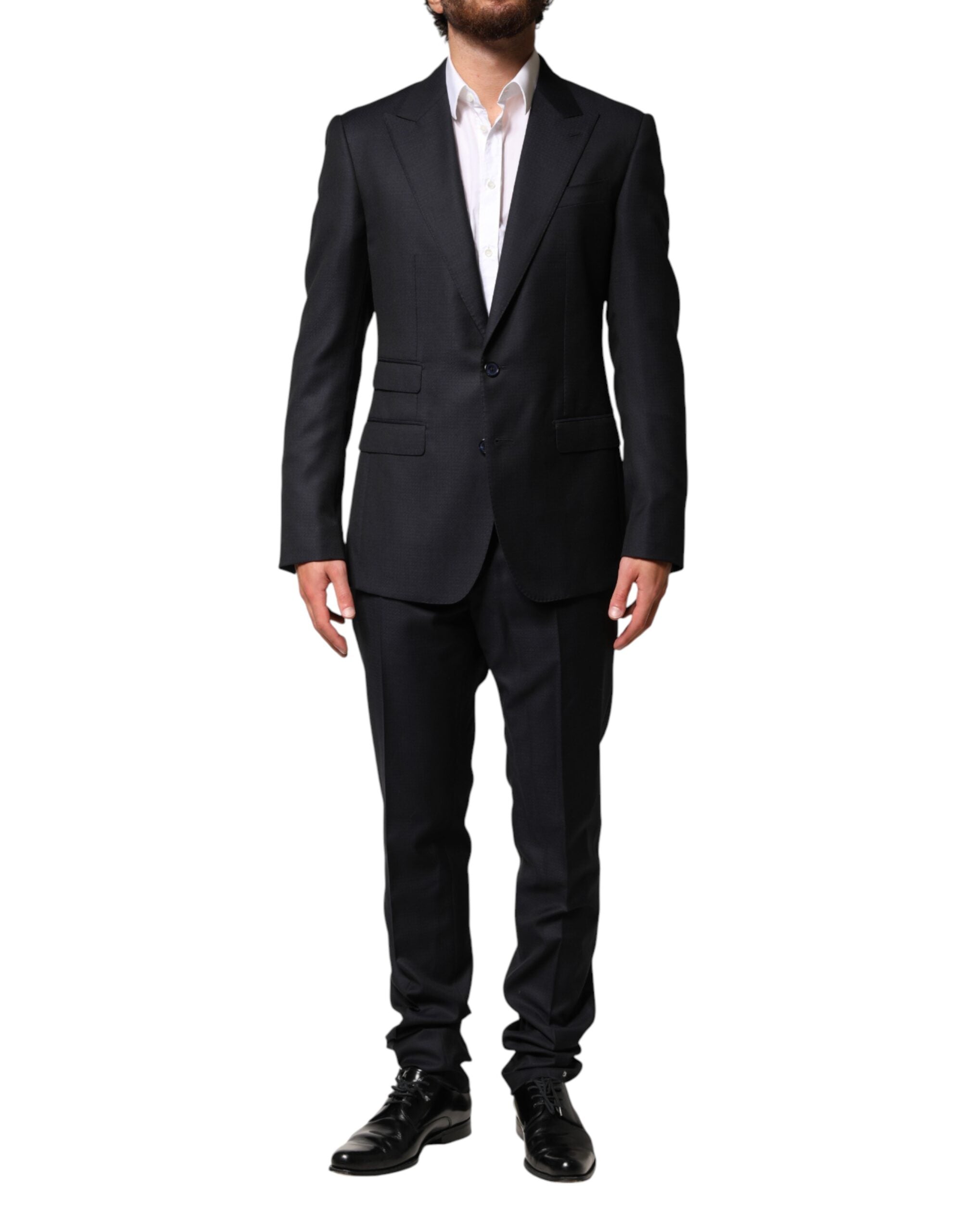 Costume homme en laine noire Dolce & Gabbana, costume à deux pièces à boutonnière simple et coupe élégante.