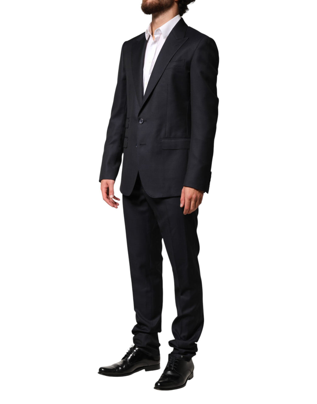 Costume homme noir en laine Dolce & Gabbana, veste à un bouton et pantalon assorti, style élégant et sophistiqué.