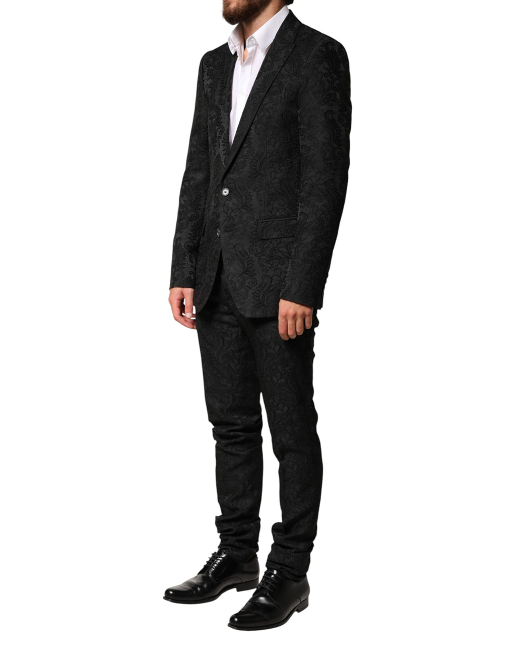 Costume homme Dolce & Gabbana en brocart noir à deux pièces, veste croisée simple et pantalon assorti, élégant et sophistiqué.