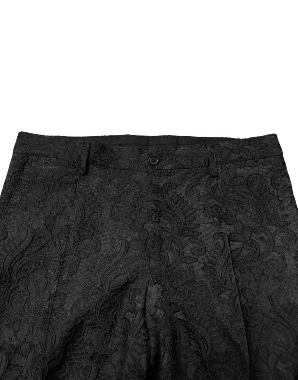 Costume deux pièces noir en brocart Dolce & Gabbana, veste à boutons simple boutonnage et pantalon assorti.