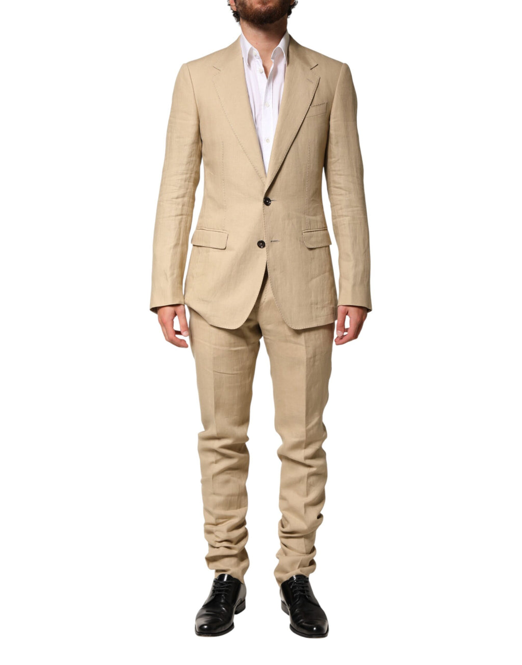 Costume 2 pièces en lin beige de Dolce & Gabbana, veste à boutonnière simple et pantalon assorti.