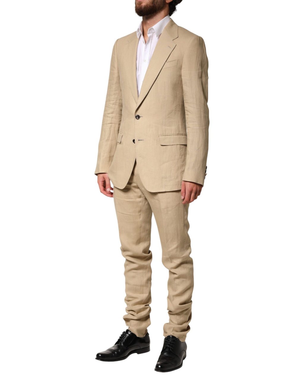 Costume deux pièces en lin beige Dolce & Gabbana avec veste croisée à un bouton et pantalon assorti, élégant et sophistiqué.