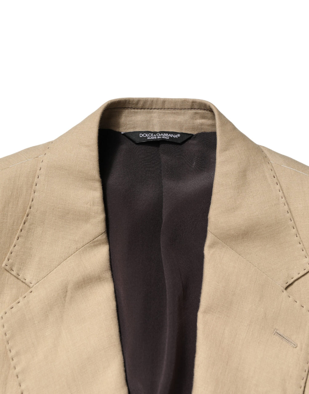 Costume en lin beige Dolce & Gabbana, veste à deux boutons et pantalon assorti, élégant et sophistiqué.