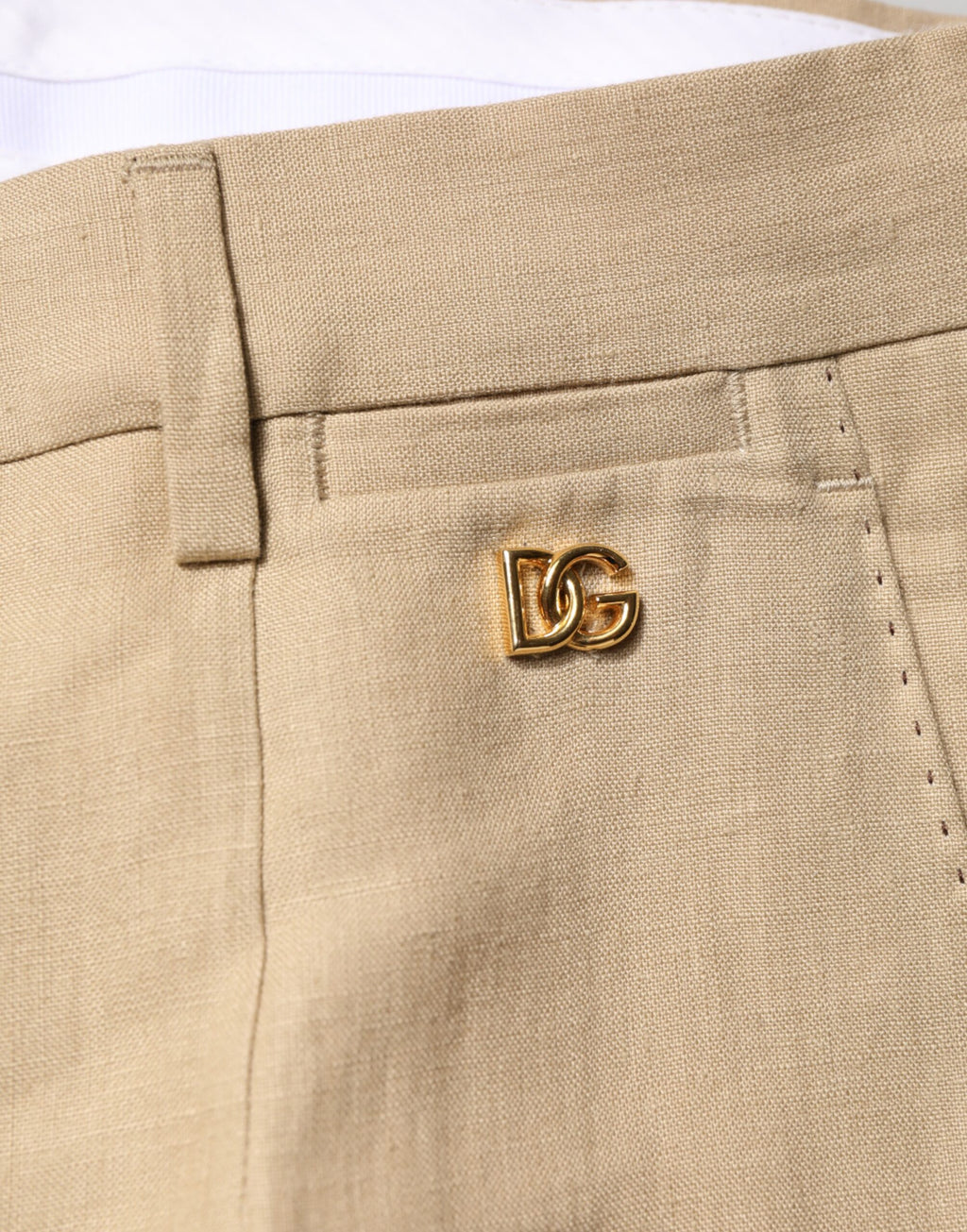 Costume homme beige en lin Dolce & Gabbana, veste croisée simple boutonnage et pantalon assorti, élégant et léger.
