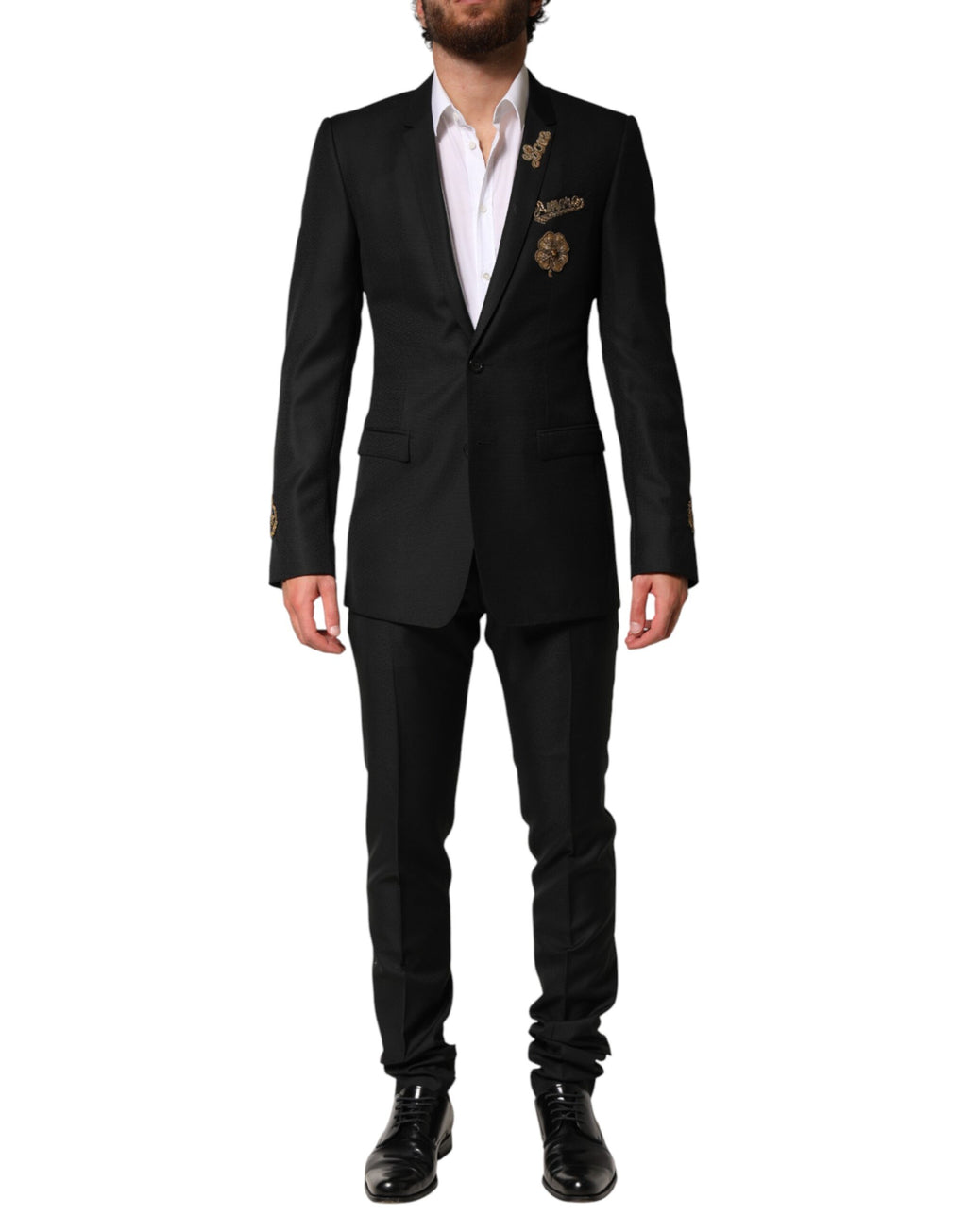 Costume homme Dolce & Gabbana noir à boutons, veste à un bouton avec embellissements et pantalon assorti, élégant et sophistiqué.