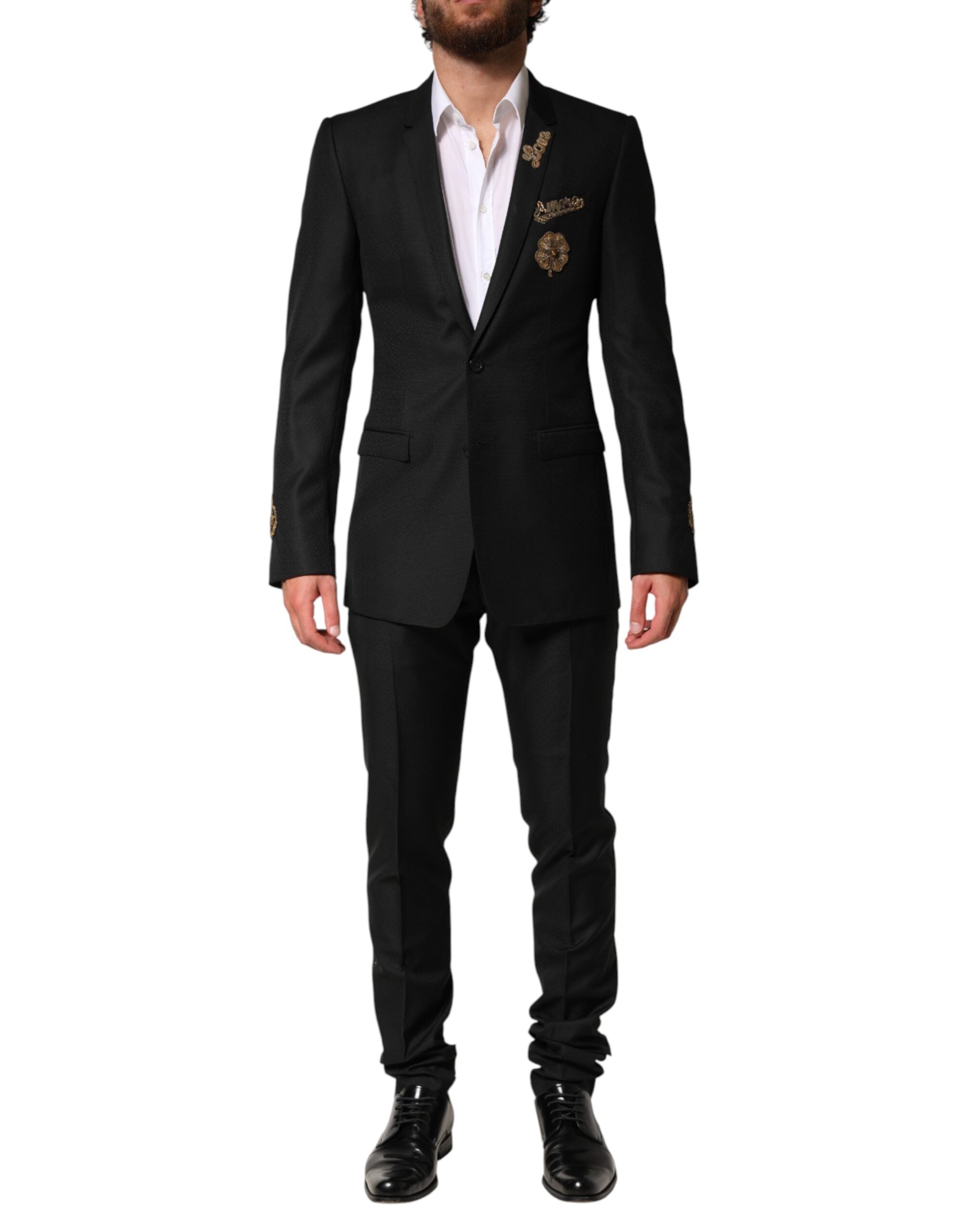 Costume homme Dolce & Gabbana noir à boutons, veste à un bouton avec embellissements et pantalon assorti, élégant et sophistiqué.
