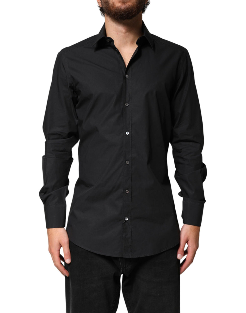 Chemise homme Dolce & Gabbana en coton noir avec détails dorés pour tenue formelle élégante.