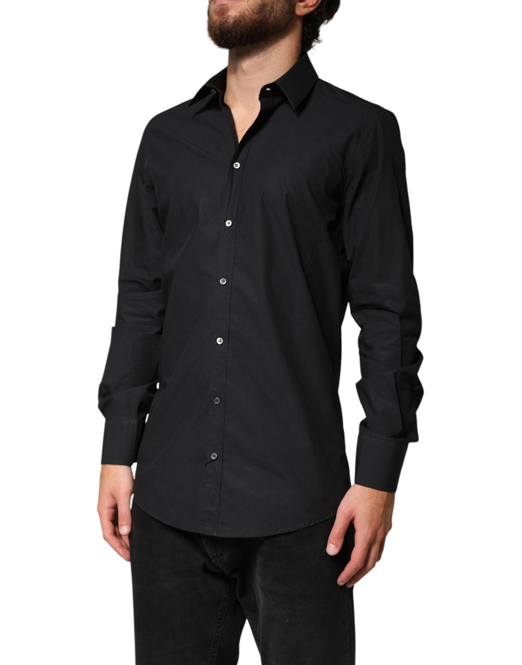 Chemise formelle noire Dolce & Gabbana en coton avec détails dorés pour homme, vue de face.