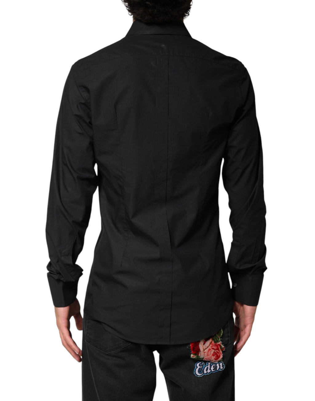 Chemise formelle noire en coton Dolce & Gabbana avec détails dorés pour homme, élégante et sophistiquée.