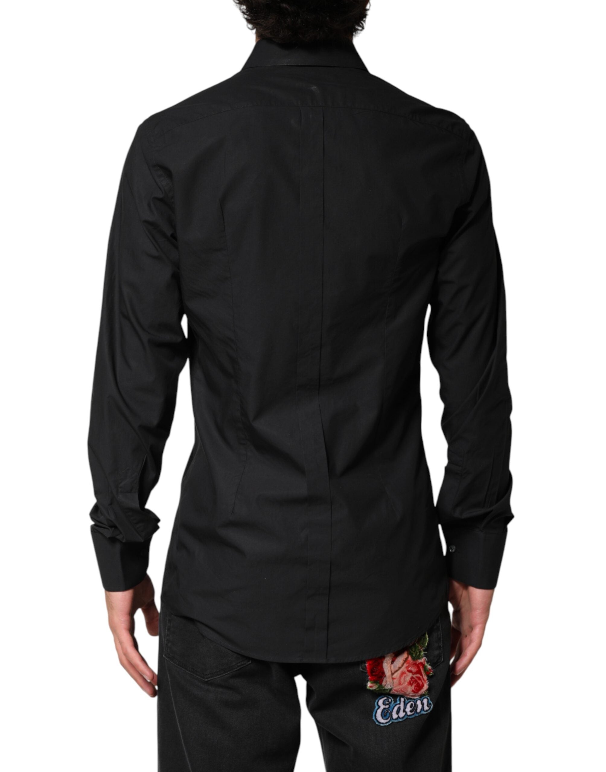 Chemise formelle noire en coton Dolce & Gabbana avec détails dorés pour homme, élégante et sophistiquée.