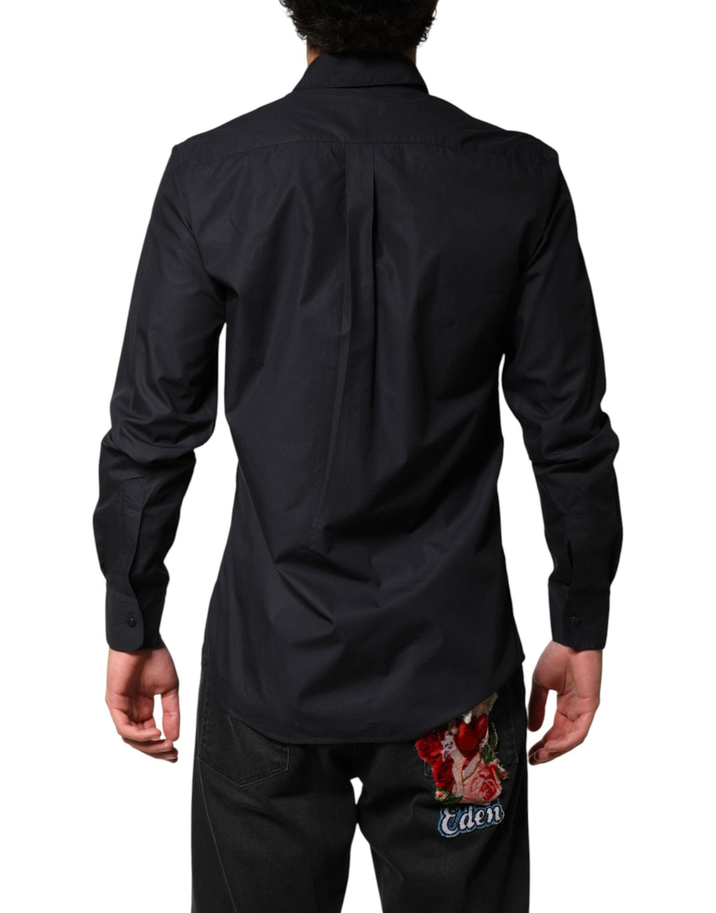 Chemise longue en coton noir de Dolce & Gabbana, robe formelle à manches longues, style élégant et sophistiqué.