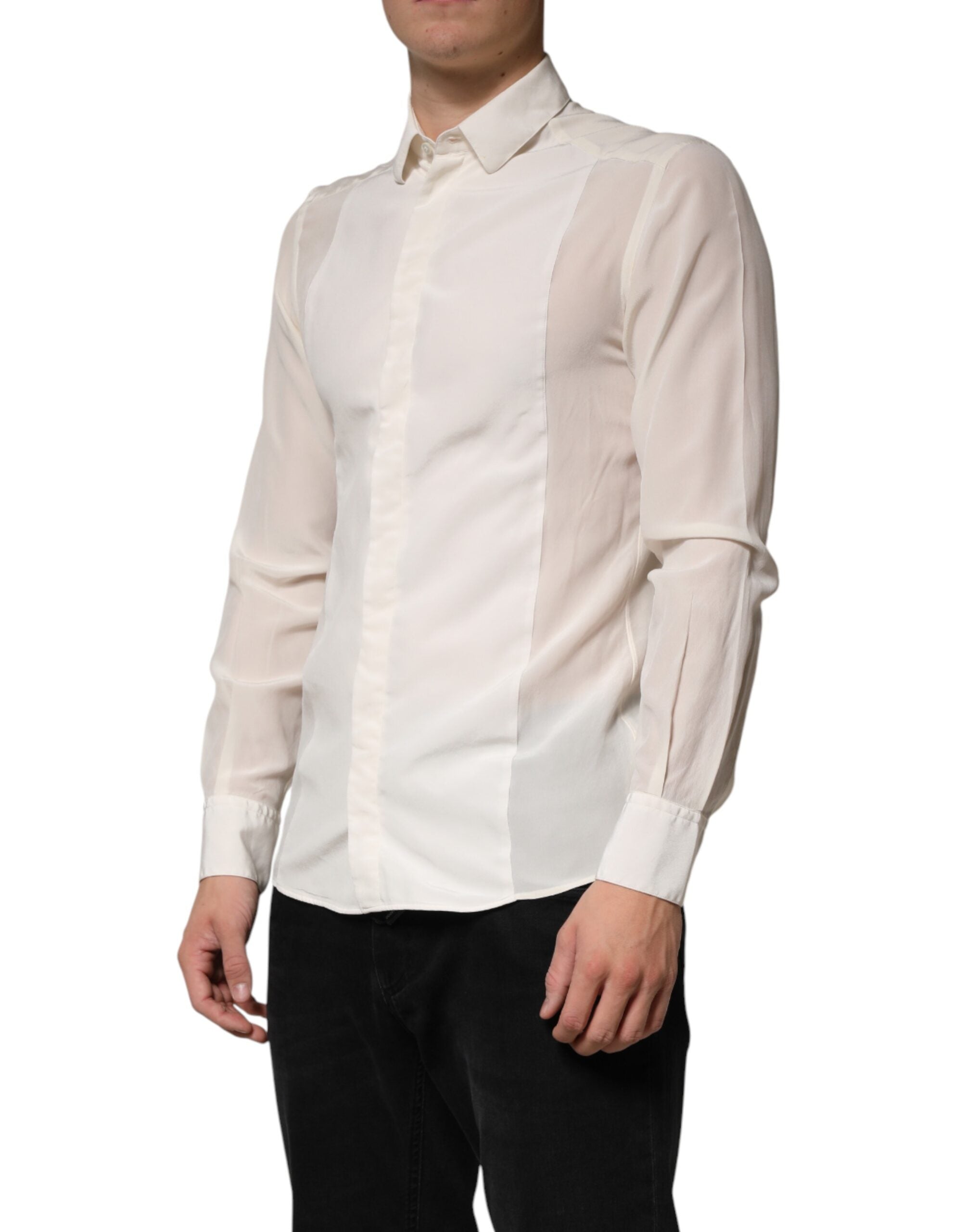 Chemise formelle en soie blanche Dolce & Gabbana pour homme avec détails en or, élégante et sophistiquée.