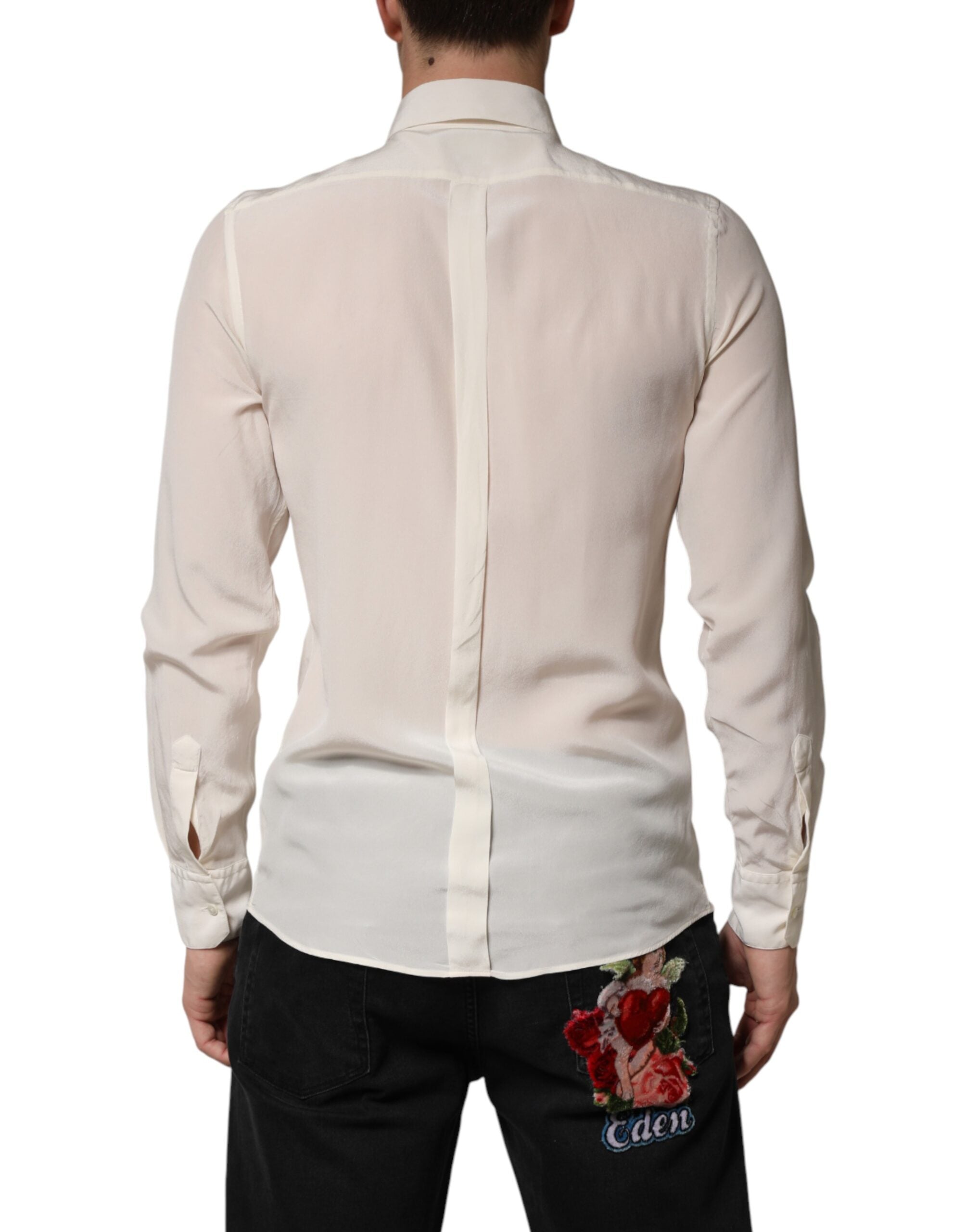 Chemise formelle en soie blanche Dolce & Gabbana pour homme, avec détails en or, élégant et sophistiqué.
