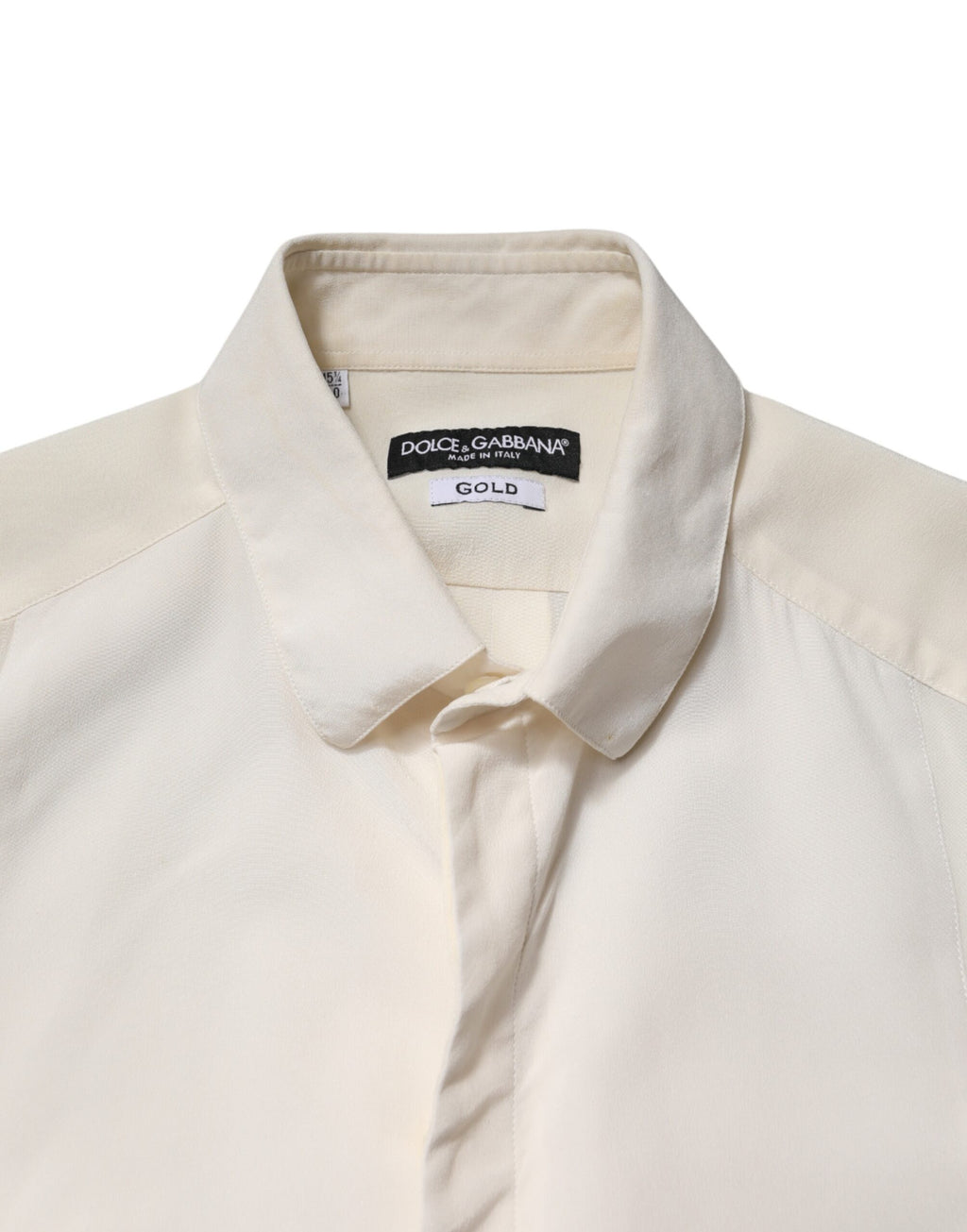 Chemise formelle en soie blanche Dolce & Gabbana pour homme avec détails dorés.