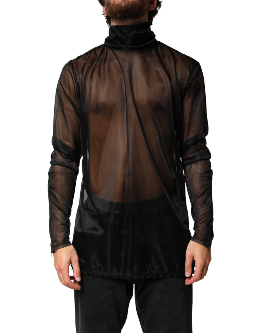 Haut à manches longues en tulle noir Dolce & Gabbana, col roulé transparent et ajusté, élégant et sophistiqué.