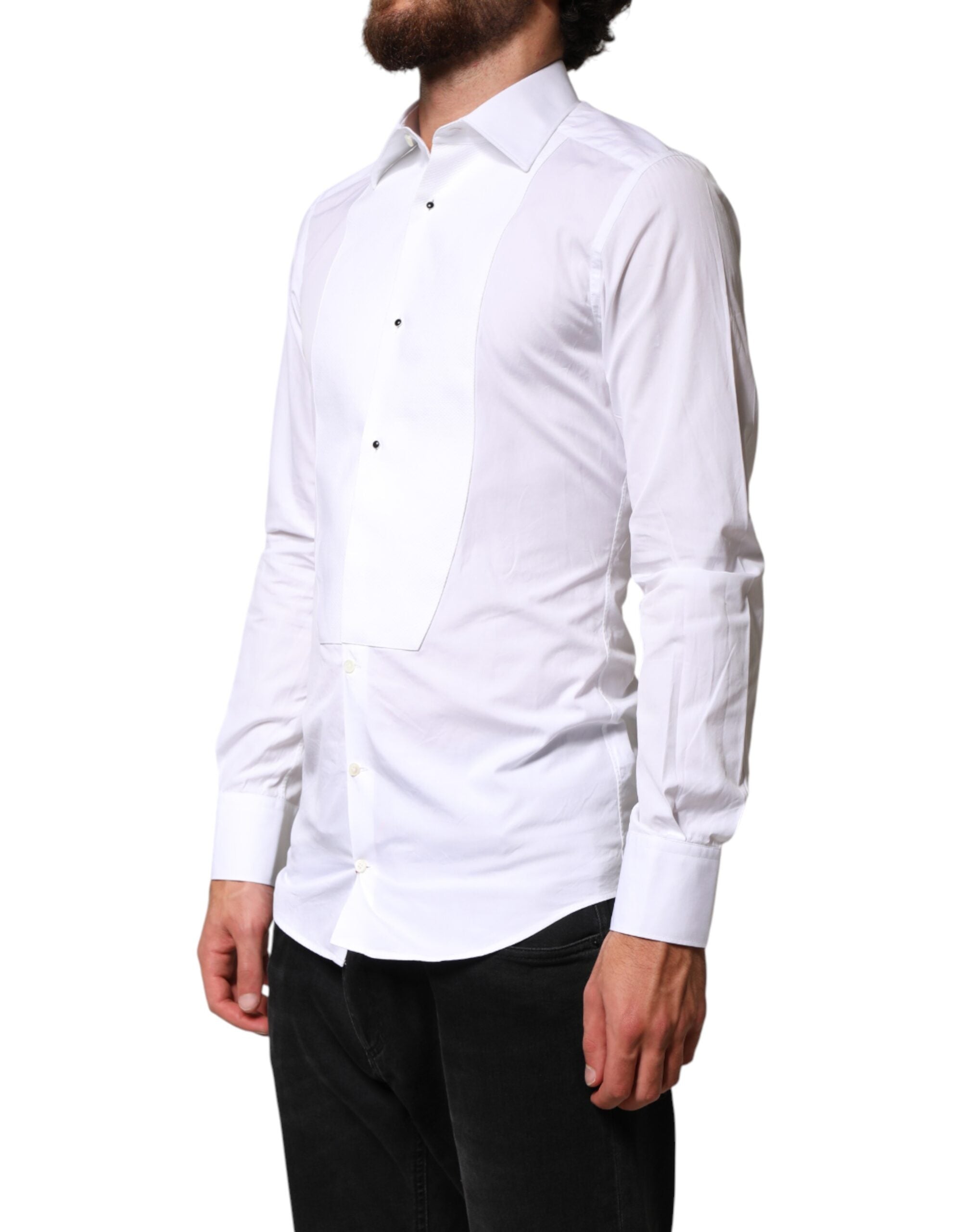 Chemise formelle blanche en coton Dolce & Gabbana avec col orné d'une broderie en or, style élégant et sophistiqué.