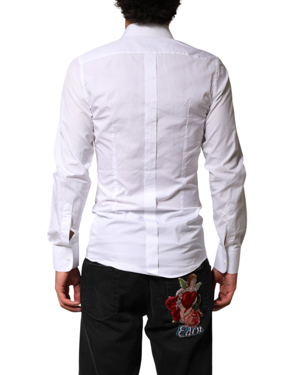 Chemise formelle blanche en coton Dolce & Gabbana avec col doré et broderie, élégante et sophistiquée.