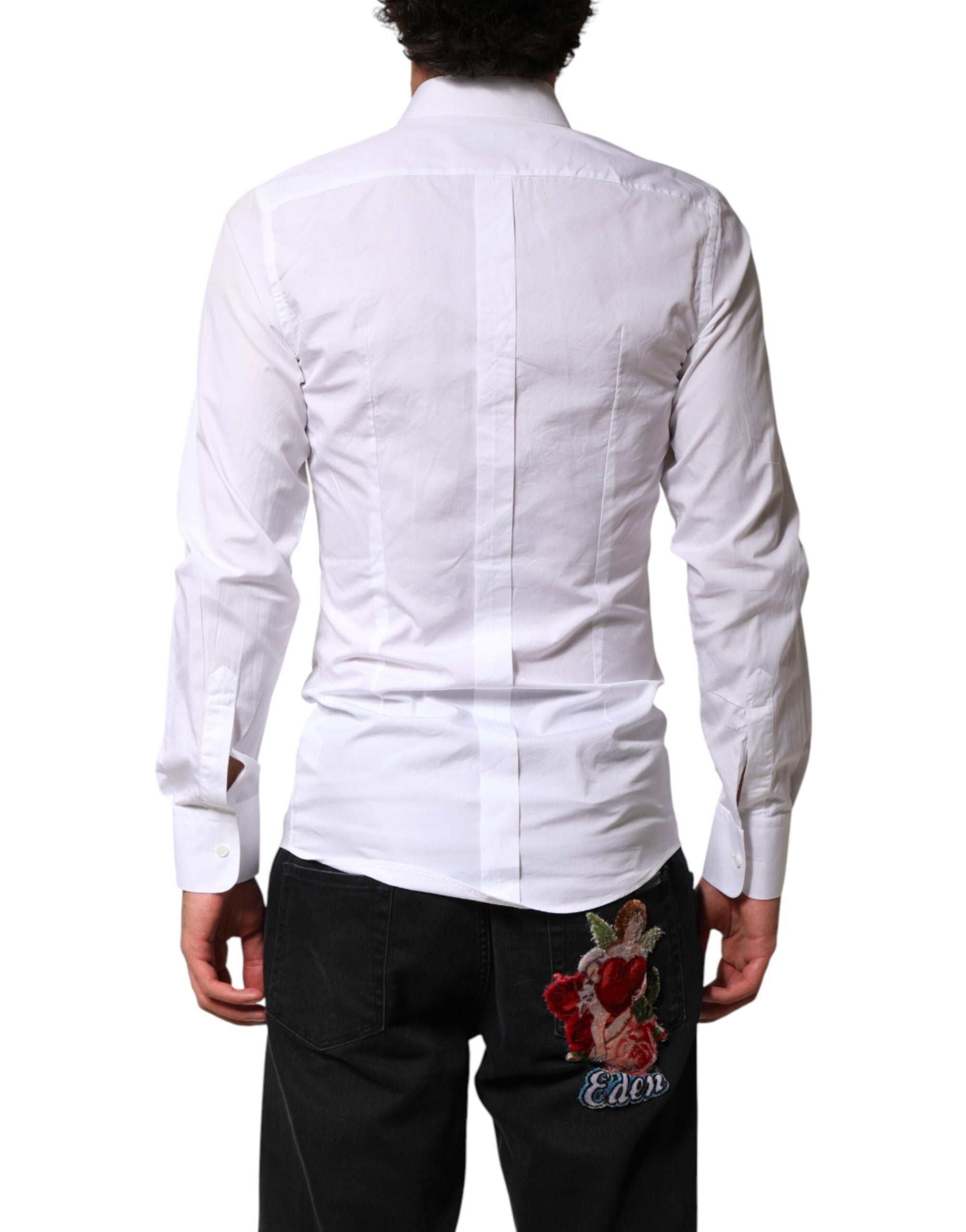 Chemise formelle blanche en coton Dolce & Gabbana avec col doré et broderie, élégante et sophistiquée.