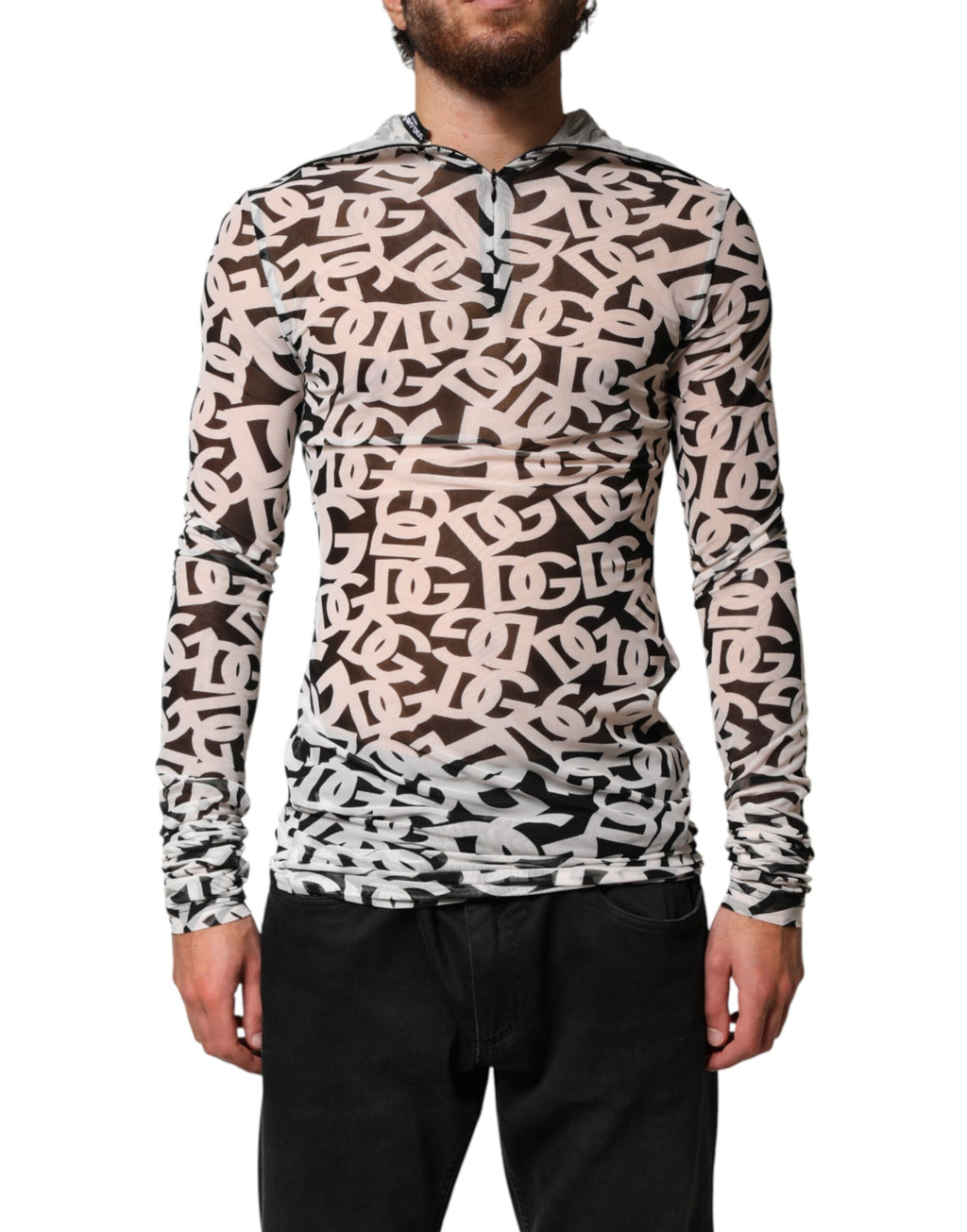 Pull à manches longues Dolce & Gabbana blanc avec logo DG visible, col roulé élégant et ajusté.
