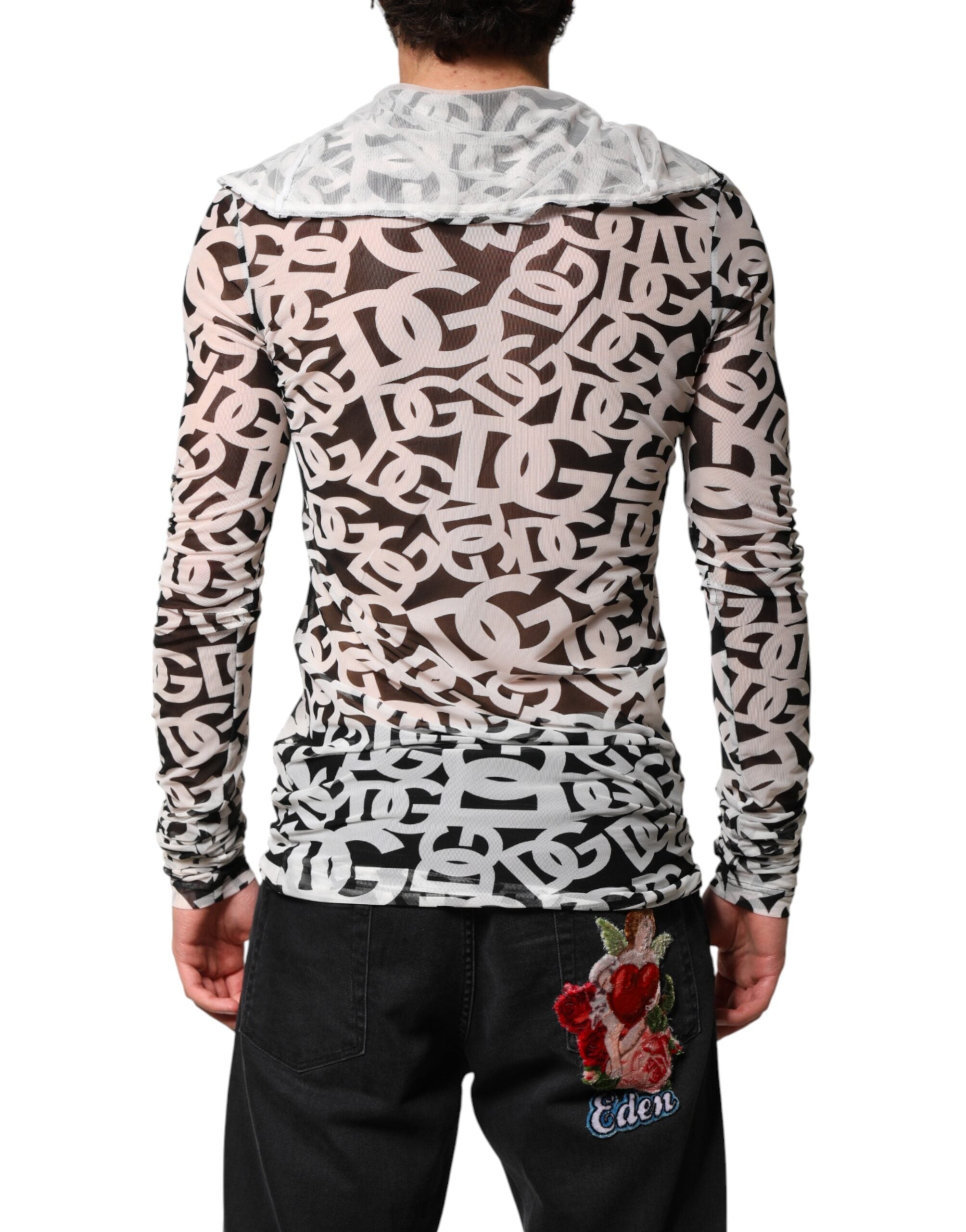 Pull à manches longues Dolce & Gabbana blanc avec logo DG, col roulé, tissu doux et élégant.