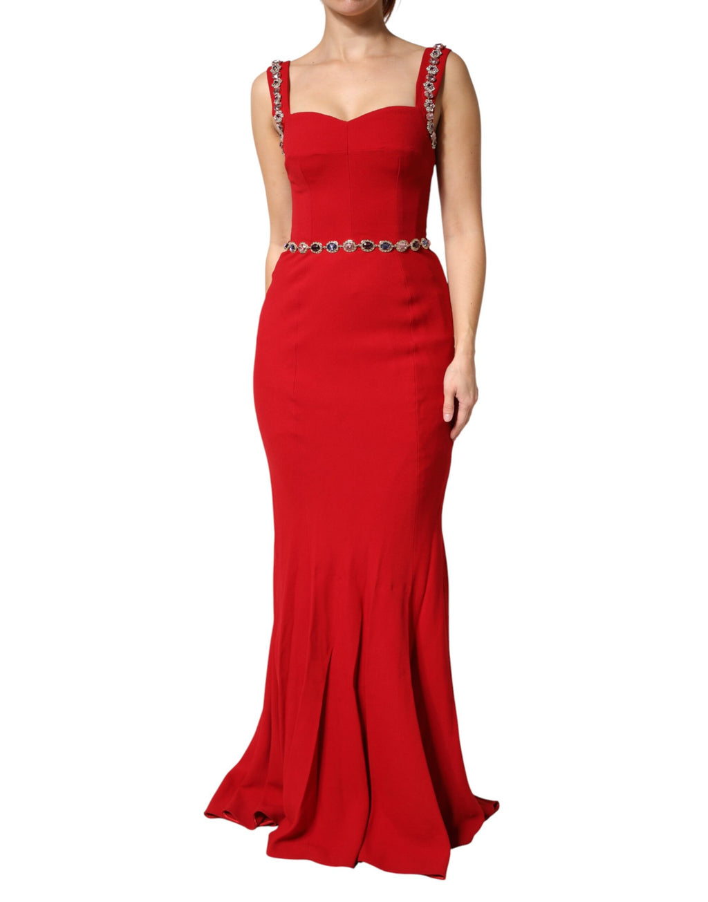 Robe sirène rouge Dolce & Gabbana ornée de détails brillants, robe élégante et moulante pour occasions spéciales.