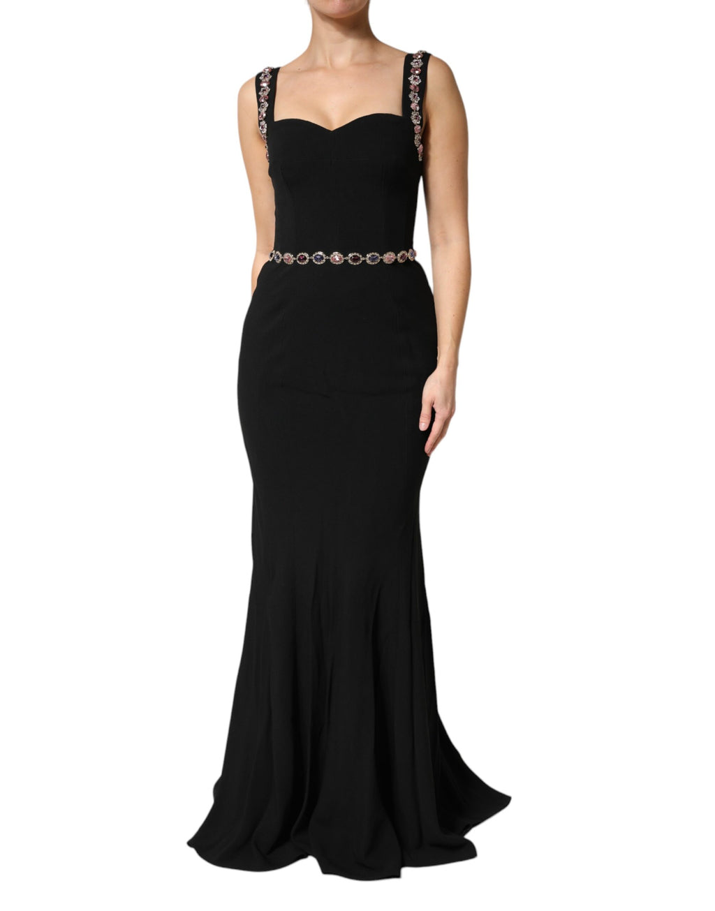 Robe sirène noire Dolce & Gabbana avec embellissements élégants, tissu moulant et décolleté sophistiqué.
