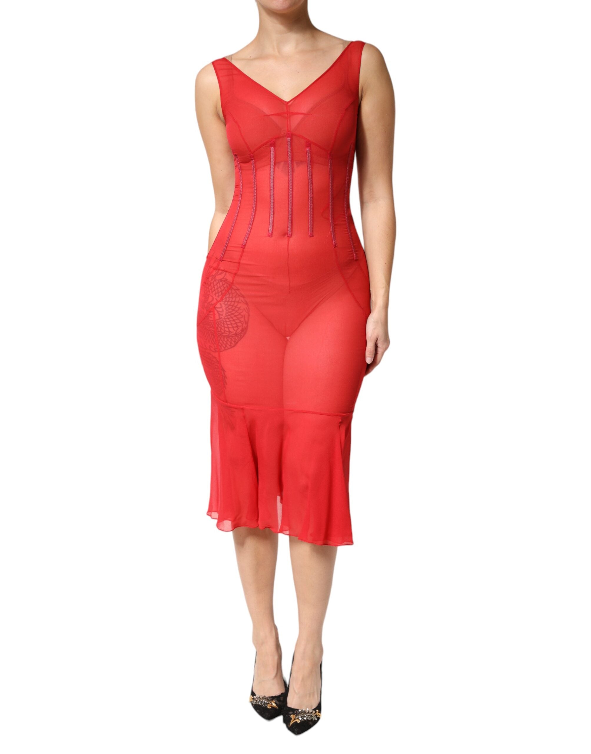 Robe midi sans manches en soie rouge Dolce & Gabbana avec col en V, ajustée et élégante, vue de face.
