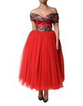 Robe longue Dolce & Gabbana rouge à fleurs, bustier off-shoulder, style en A-line, vêtement élégant pour femme.