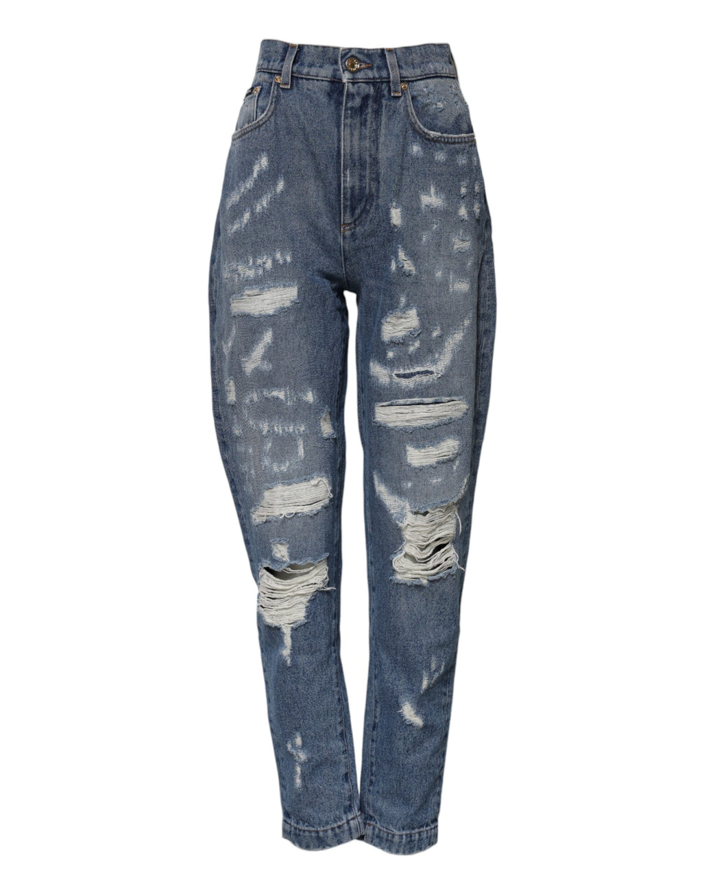 Jeans en denim bleu délavé Dolce & Gabbana en coton distressé, mode décontractée, style élégant et moderne.