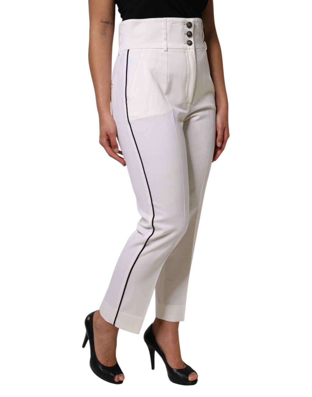 Pantalon en laine blanche Dolce & Gabbana, taille haute, coupe tapered, pantalon élégant pour femmes.