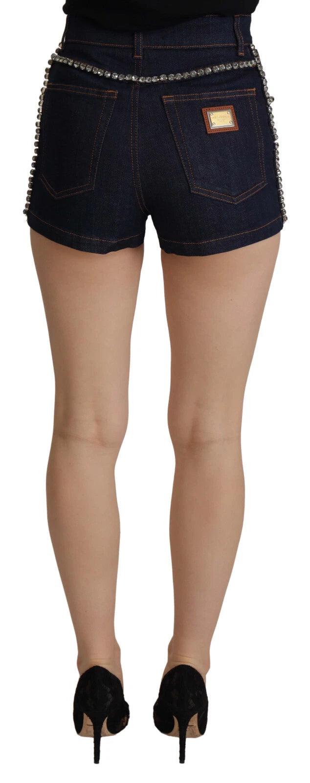 Shorts en denim bleu Dolce & Gabbana, en coton stretch avec cristaux, style chaud et tendance pour femme.