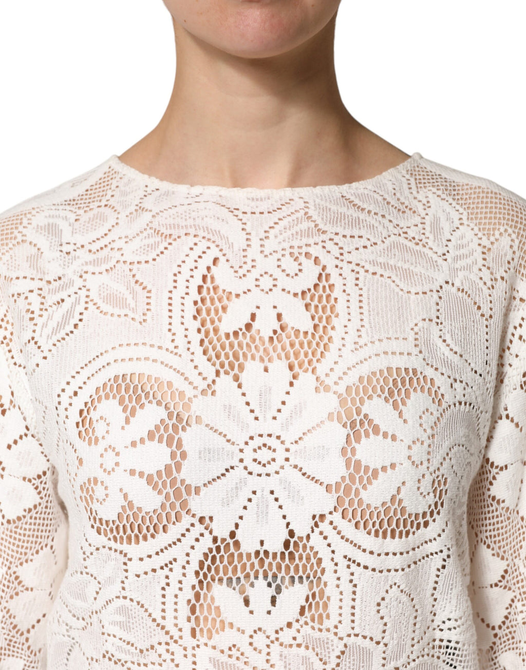 Haut en coton blanc Dolce & Gabbana avec broderie en dentelle, manches longues et style élégant.