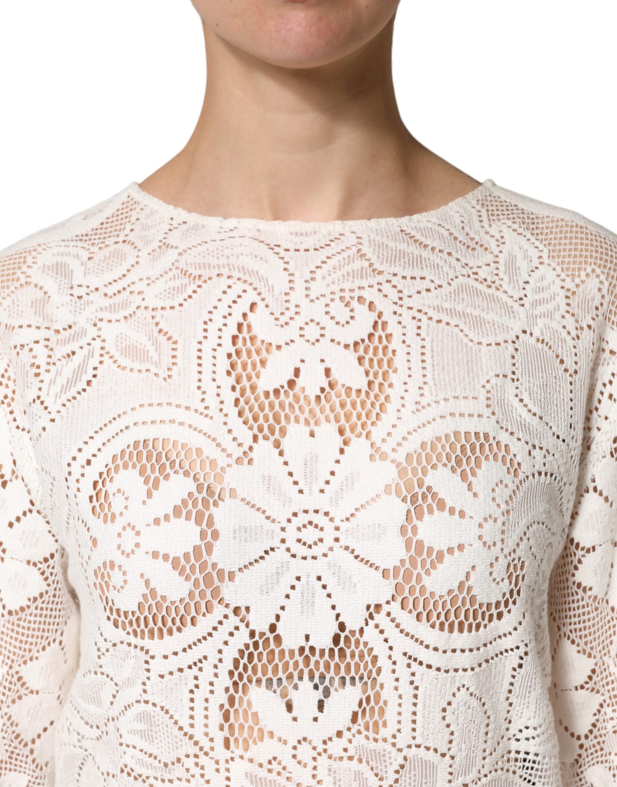 Haut en coton blanc Dolce & Gabbana avec broderie en dentelle, manches longues et style élégant.