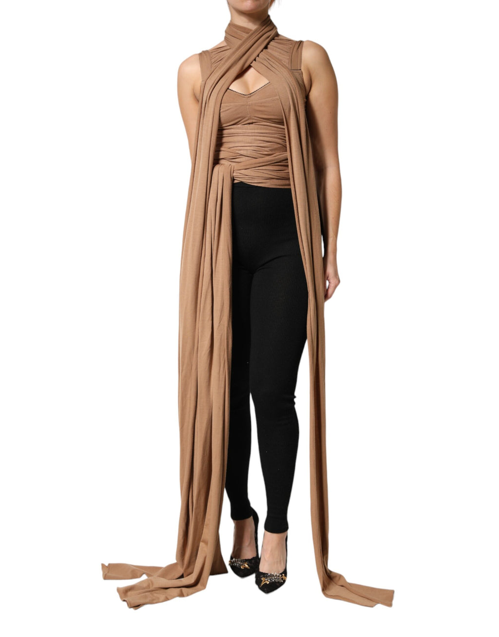 Débardeur sans manches Dolce & Gabbana en laine vierge marron avec foulard intégré, vue de face.
